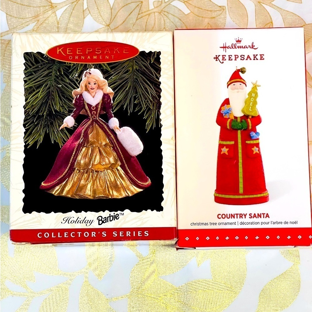Hallmark Keepsake Ornaments 1996 Holiday Barbie/ 2015 Country Santa Christmas